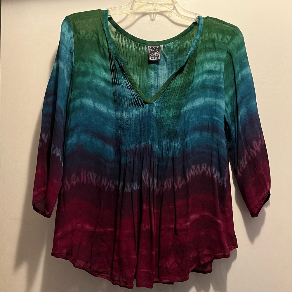 Casual studio India Tie Dye Ombre Sheer 3/4 Sleeve Blouse, Size M